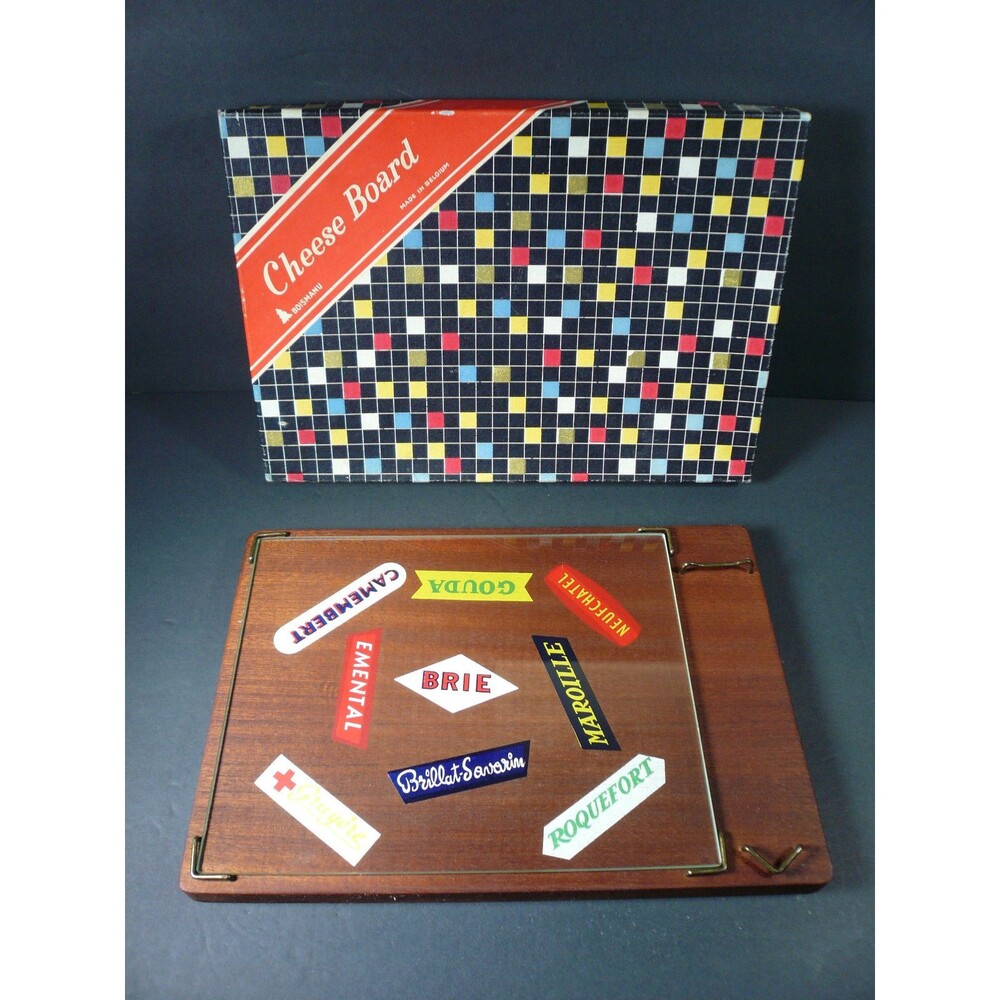 Vintage Mid Century Modern Wood Cheese Board w/ Glass Top European Cheeses NIB